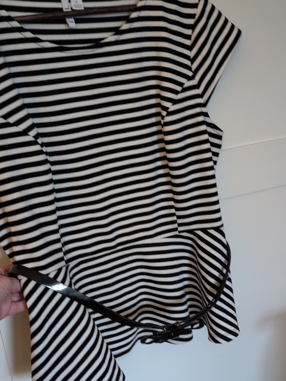 Elle Black & White Striped Peplum Top with Slim Belt